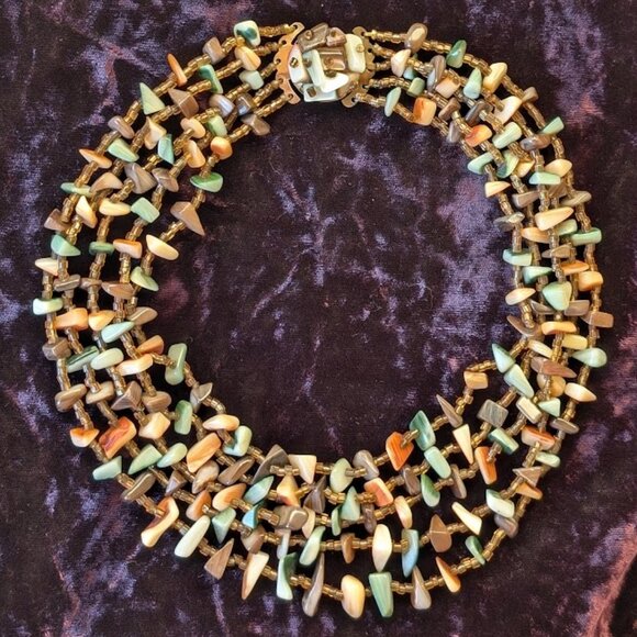 Vintage Multi-strand Shell & Glass Bead Necklace, Made in Japan - Southwest Hues - Picture 5 of 16